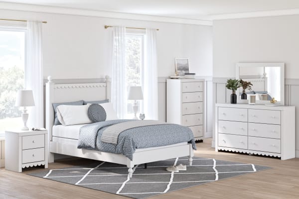 Mollviney - White - 6 Pc. - Dresser, Mirror, Full Panel Bed, 2 Nightstands