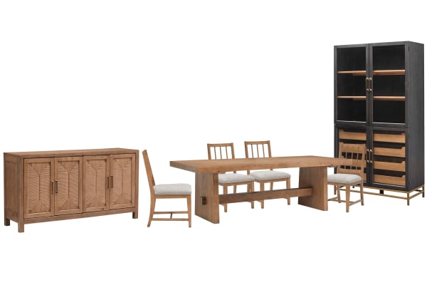 Lindon - Trestle Dining Table With 4 Side Chairs, Buffet And Cabinet - Belgian Wheat / Gray