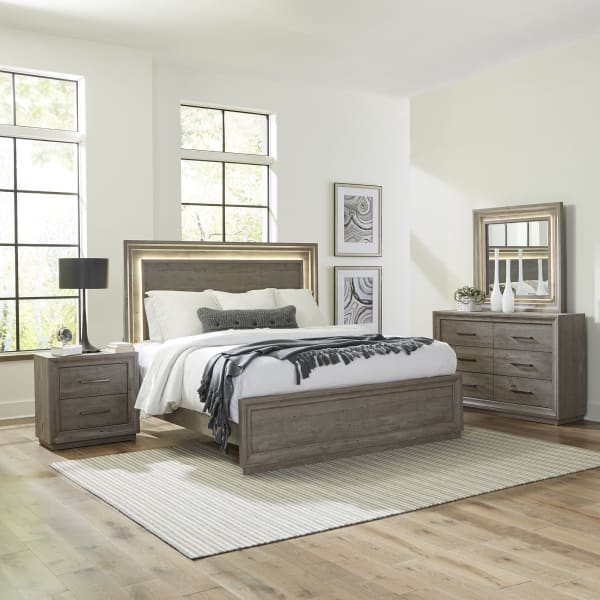 Horizons - 4 Piece Bedroom Set (King Panel Bed, Dresser & Mirror, Nightstand) - Gray