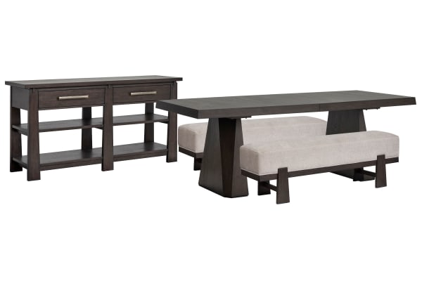 Tauren - Double Pedestal Dining Table With 2 Benches And Sideboard - Coffee Bean / Beige
