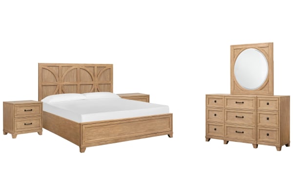Coventry - California King Panel Bed, 2 Nightstands And Drawer Dresser With Square Mirror - Honey Wheat