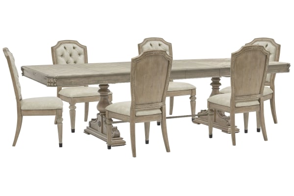 Marisol - Extendable Trestle Dining Table With 6 Upholstered Side Chairs - Fawn