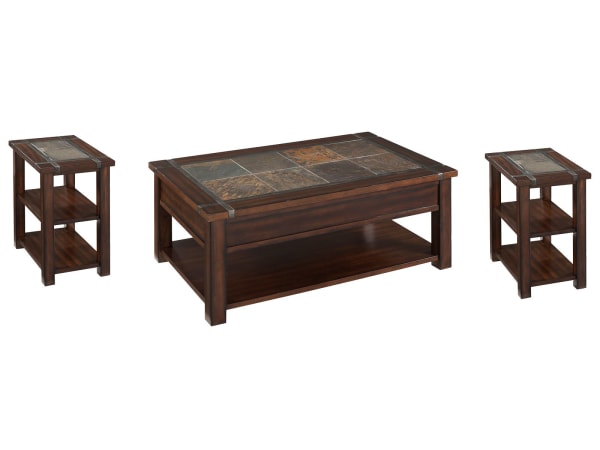 Roanoke - Rectangular Lift Top Cocktail Table With 2 Chairside End Tables - Cherry And Slate
