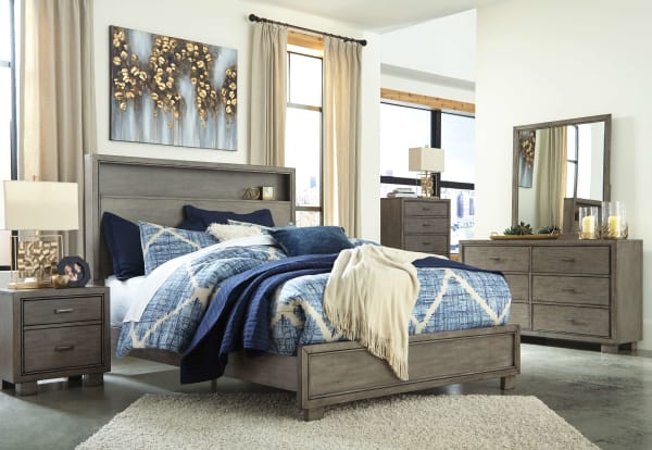 Arnett - Gray - 4 Pc. - Dresser, Mirror, King Bookcase Bed