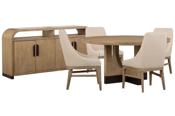 Tristan - 60" Round Dining Table With 4 Arm Chairs And Sideboard - Swiss Coffee / Beige