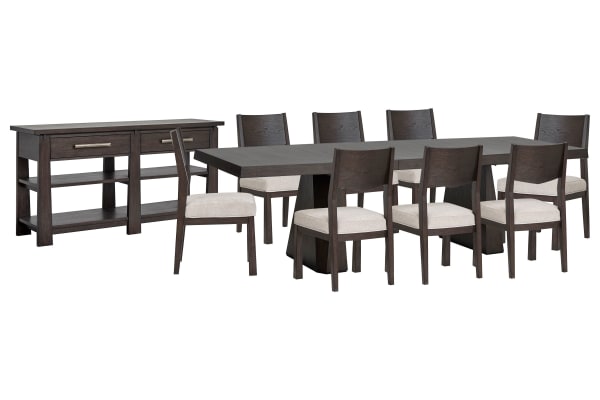 Tauren - Extendable Double Pedestal Dining Table With 8 Side Chairs And Sideboard - Coffee Bean / Beige