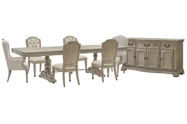 Marisol - Extendable Trestle Dining Table With 4 Upholstered Side Chairs, 2 Host Chairs And Buffet - Fawn