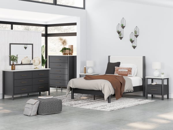 Cadmori - Black / White - 8 Pc. - Dresser, Mirror, Chest, Full Upholstered Panel Bed, 2 Nightstands