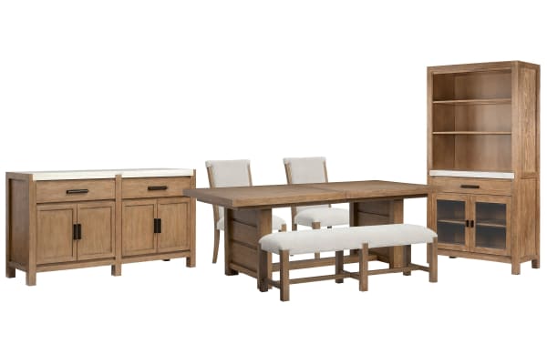 Plum Creek - Extendable Trestle Dining Table With 2 Upholstered Side Chairs, Bench, Server And Display Cabinet - Sierra Brown