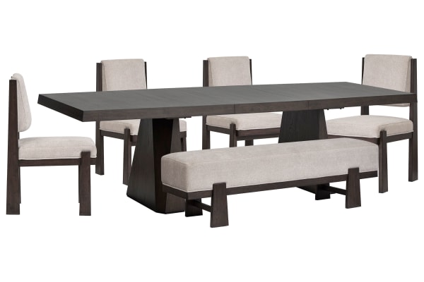 Tauren - Extendable Double Pedestal Dining Table With 4 Upholstered Side Chairs And Bench - Coffee Bean / Beige