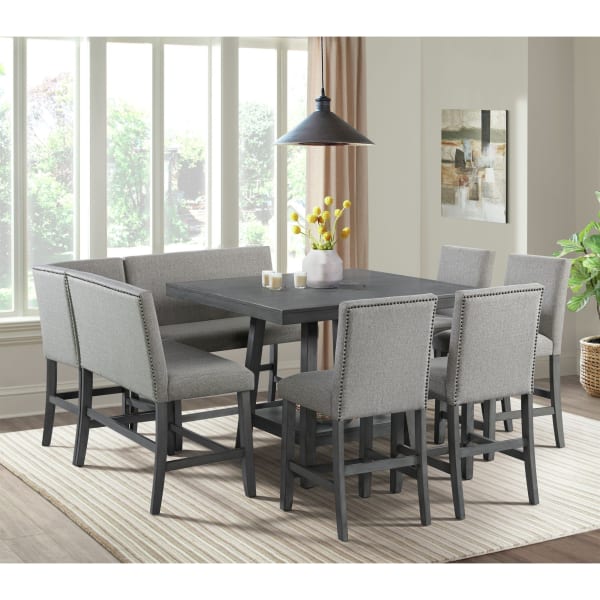 Seneca - 8 Piece Counter Height Dining Set - Table, Four Chairs And Complete Bench - Gray