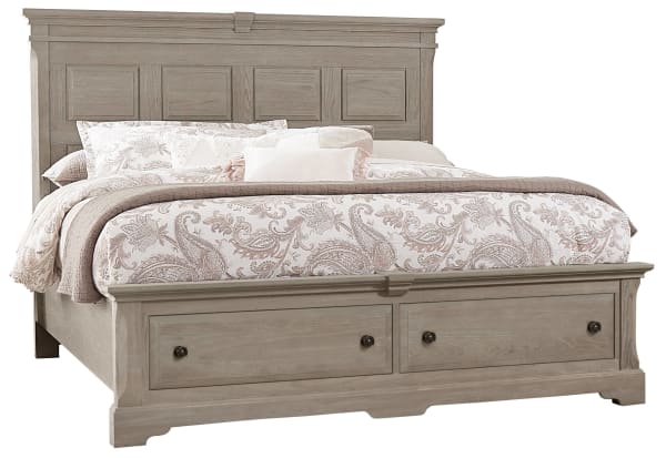 Heritage King Mansion Bed with Storage Footboard Greystone (Washed Grey) on Oak Solids