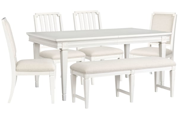 Willowbrook - Extendable Rectangular Dining Table With 2 Side Chairs, 2 Upholstered Side Chairs And Upholstered Bench - Egg Shell White