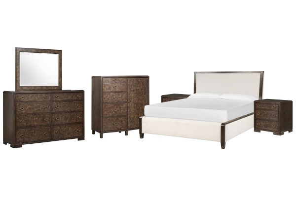 Rowan - Queen Upholstered Panel Bed, 2 Nightstands, Drawer Dresser With Landscape Mirror And Door Chest - Espresso / Beige