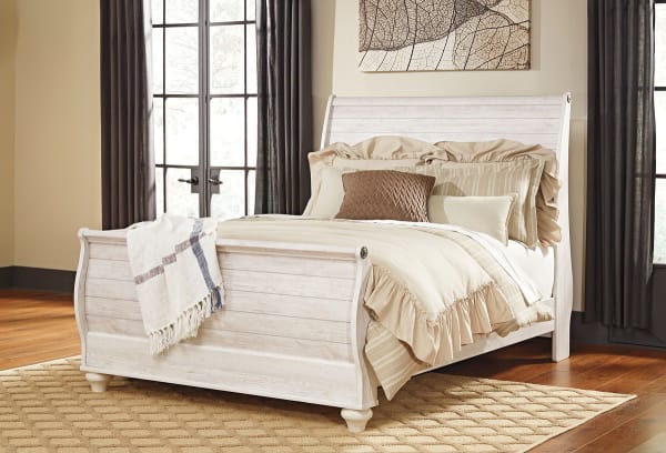 Willowton - Whitewash - Queen Sleigh Bed With Faux Plank Design