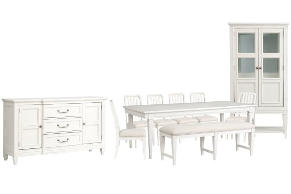 Willowbrook - Extendable Rectangular Dining Table With 6 Side Chairs, Upholstered Bench, Buffet And Display Cabinet - Egg Shell White