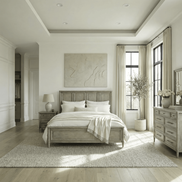 Rochelle Park - 4 Piece Bedroom Set (Queen Panel Bed, Dresser & Mirror, Night Stand) - Smokey Taupe