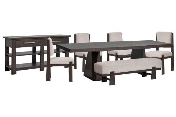 Tauren - Extendable Double Pedestal Dining Table With 4 Upholstered Side Chairs, Bench And Sideboard - Coffee Bean / Beige