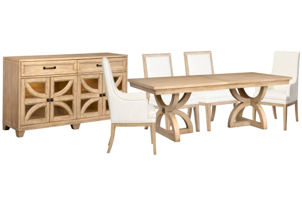 Coventry - Extendable Trestle Dining Table With 2 Upholstered Side Chairs, 2 Host Chairs And Buffet - Honey Maple / White