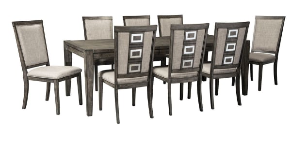 Chadoni - Gray - 9 Pc. - Rectangular Dining Room Extension Table, 8 Upholstered Side Chairs