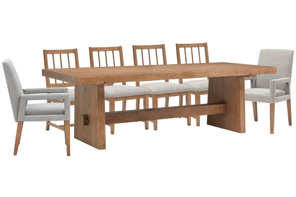 Lindon - Trestle Dining Table With 4 Side Chairs And 2 Arm Chairs - Belgian Wheat / Gray