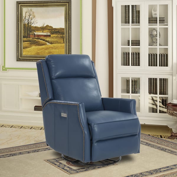 Cavill - Swivel Glider Recliner With Power Recline And Power Headrest - Blue - Leather