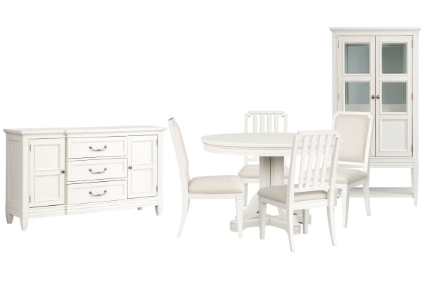 Willowbrook - Extendable 48" Round Dining Table With 2 Side Chairs, 2 Upholstered Side Chairs, Buffet And Display Cabinet - Egg Shell White
