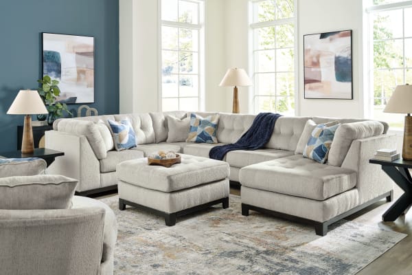 Maxon Place - Stone - 5 Pc. - 3-Piece Sectional With Raf Corner Chaise, Chair, Ottoman