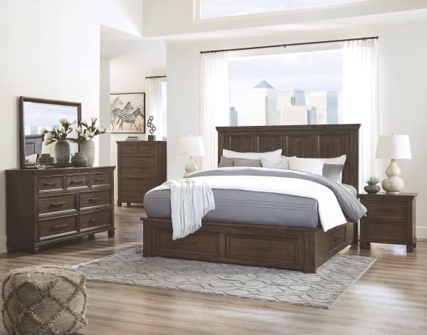 Johurst - Grayish Brown - 8 Pc. - Dresser, Mirror, Chest, King Panel Bed with 4 Storage Drawers, 2 Nightstands