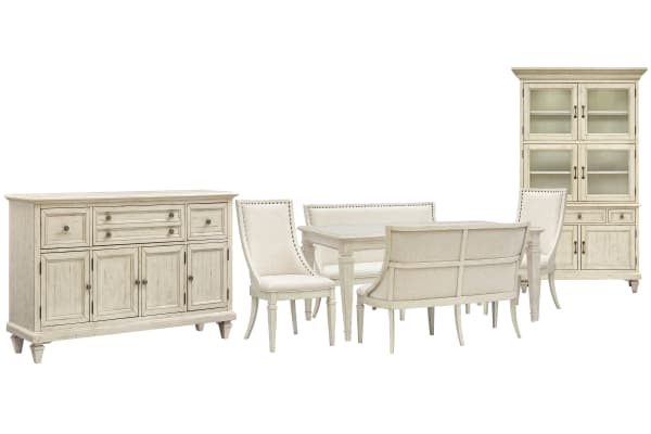 Newport - Extendable Rectangular Dining Table With 2 Upholstered Benches, 2 Arm Chairs, Buffet And Dining Cabinet - Alabaster