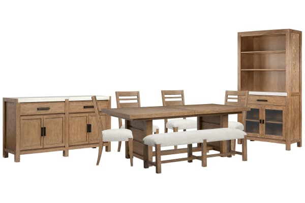 Plum Creek - Extendable Trestle Dining Table With 4 Side Chairs, Bench, Server And Display Cabinet - Sierra Brown