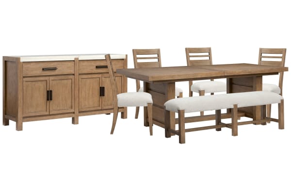 Plum Creek - Extendable Trestle Dining Table With 4 Side Chairs, Bench And Server - Sierra Brown