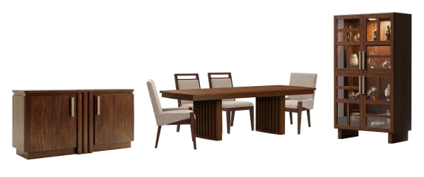 Reena - Extendable Trestle Dining Table With 2 Side Chairs, 2 Host Chairs, Sideboard And Display Cabinet - Rich Brown / Beige