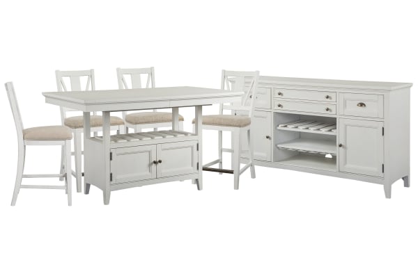 Heron Cove - Extendable Counter Height Dining Table With 4 Counter Chairs And Buffet - Chalk White And Dovetail Gray