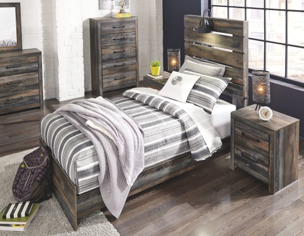 Drystan - Brown / Beige - 6 Pc. - Dresser, Mirror, Chest, Twin Panel Bed