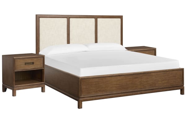 Ridgefield - California King Upholstered Panel Bed With 2 Open Nightstands - Russet / Beige