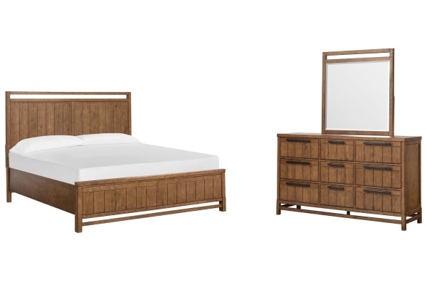Conway - King Panel Bed And Drawer Dresser With Portrait Mirror - Honey Wheat