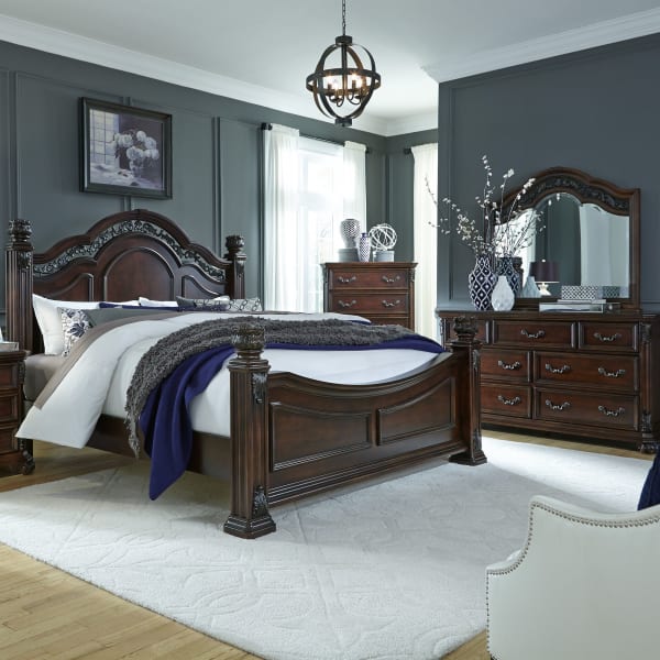 Messina Estates - 3 Piece Bedroom Set (Queen Poster Bed, Dresser & Mirror) - Dark Brown