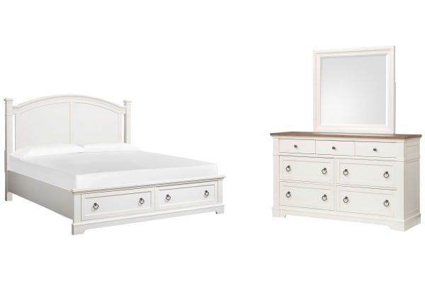 Kingston - King Panel Storage Bed And Drawer Dresser With Landscape Mirror - Whisper White And Cerused Nutmeg