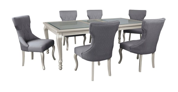 Coralayne - Silver Finish/Dark Gray - 7 Pc. - Rectangular Dining Room Extension Table, 6 Upholstered Side Chairs
