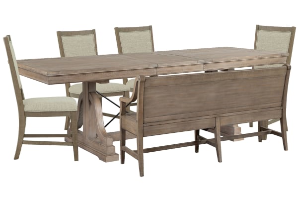 Paxton Place - Extendable Trestle Dining Table With 4 Step Upholstered Side Chairs And Bench - Dovetail Gray