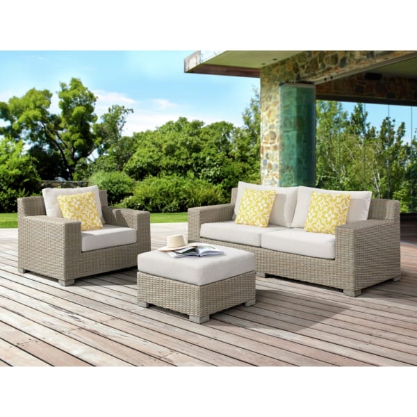 Ollie - 3 Piece Patio Conversation Set (Sofa, Chair & Ottoman) - Tan And Olefin White Cream