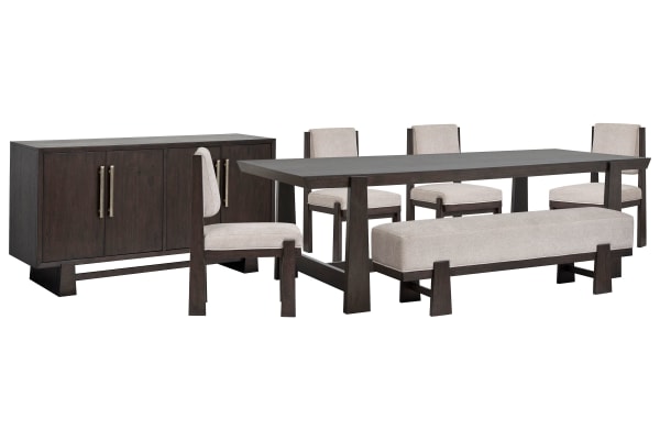 Tauren - Trestle Dining Table With 4 Upholstered Side Chairs, Bench And Buffet - Coffee Bean / Beige