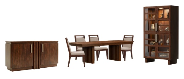 Reena - Extendable Trestle Dining Table With 4 Side Chairs, Sideboard And Display Cabinet - Rich Brown / Beige