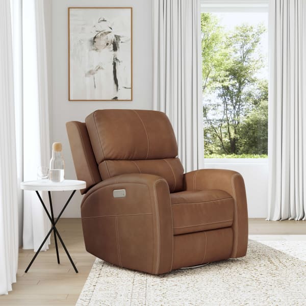 Linden - Power Swivel Gliding Recliner With Power Headrest, Lumbar, Heat & Massage - Caramel