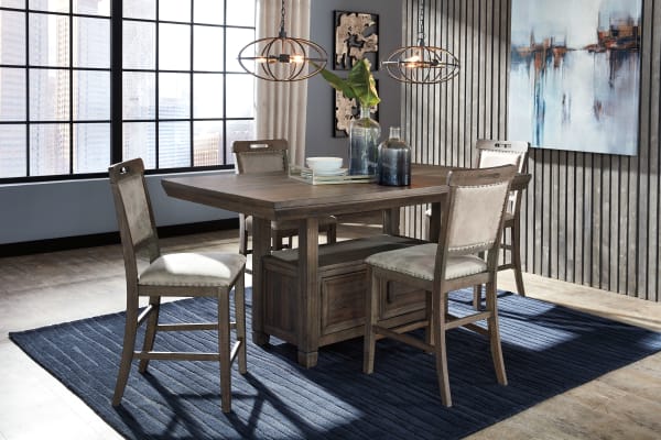 Johurst - Grayish Brown - 5 Pc. - Rectangular Dining Room Counter Table, 4 Upholstered Barstools