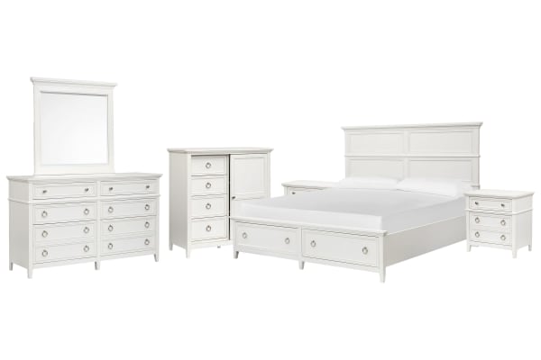 Juniper Hill - King Panel Storage Bed, 2 Nightstands, Double Drawer Dresser With Landscape Mirror And Door Chest - Whisper White