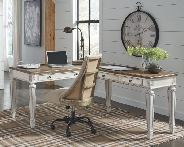 Realyn - White / Brown - 3 Pc. - Home Office L Shaped Desk, Swivel Desk Chair
