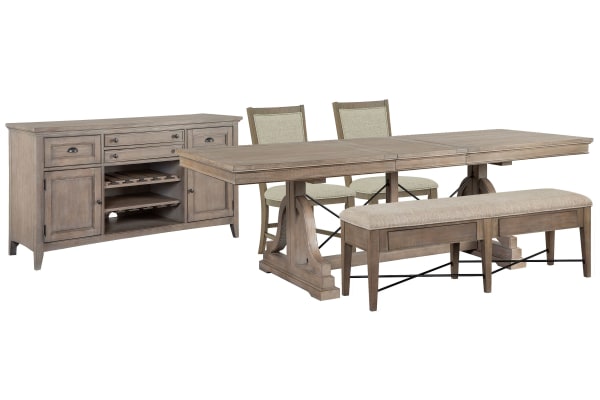 Paxton Place - Extendable Trestle Dining Table With 2 Step Upholstered Side Chairs, Upholstered Bench And Buffet - Dovetail Gray