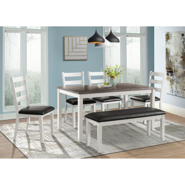 Martin - Brown 6 Piece Dining Set, Table, Four Chairs & Bench - White